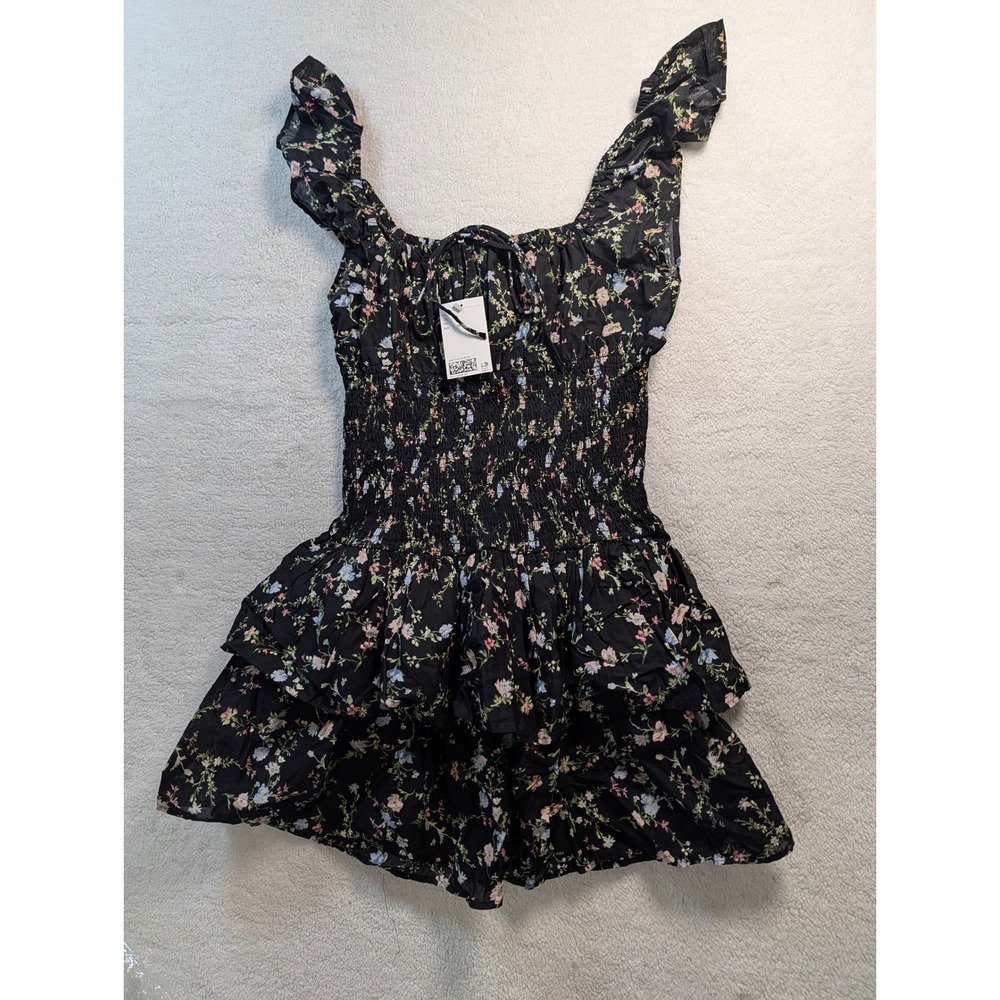 H&M Womens Small‎ Black Floral Smocked Ruffle Tiered Mini Dress NWT 1332972